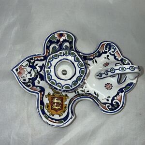 Vintage Leaf Shape Chamberstick Candle Holder Floral Hand Painted Made In France